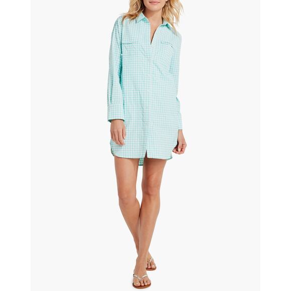 NWT Vineyard Vines Harbor Seersucker Aqua Gingham Shirt Swim Cover-Up | Size 12 - Picture 1 of 12
